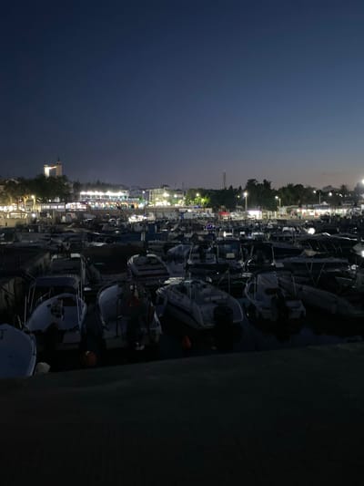 The image shows a harbor at dusk, with numerous boats docked in the water. In the background, buildings with illuminated windows line the waterfront, suggesting a town or city. A prominent minaret, likely part of a mosque, is visible among the buildings. The sky is a deep blue, transitioning to dark. The foreground is dark, possibly a pier or promenade, with the silhouettes of more boats. The scene is calm and quiet, typical of a harbor at the end of the day. The location is identified as the port of Tipaza, Algeria.