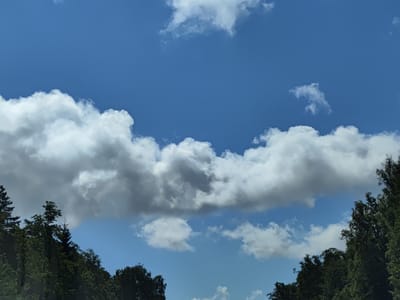 The image shows a clear blue sky with scattered white and gray clouds. The bottom of the frame is lined with the tops of dark green trees, suggesting a natural or semi-natural environment. The lighting indicates it is daytime, likely midday or afternoon, with bright sunlight illuminating the clouds from above. There are no people or man-made structures visible. The location is Lapsiņas, Latvia.