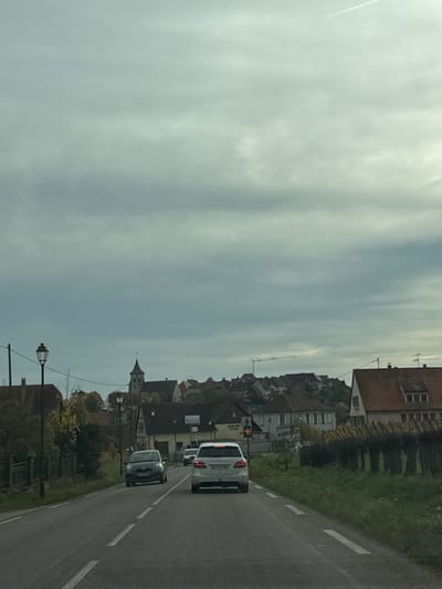 The image presents a forensic view of a road leading into Ribeauvillé, France, under a heavily overcast sky with a faint aircraft contrail visible in the upper right. The two-lane asphalt road, marked with double broken white lines for passing and a solid white shoulder line, recedes into the distance. A white Mercedes-Benz B-Class hatchback (partial registration "DW-3XX-XX") travels ahead in the same direction, followed by a darker vehicle. A dark grey Toyota Yaris hatchback approaches in the opposing lane.
On the left side of the road, a black lamppost stands beside a fence, beyond which are trees with autumn foliage and a cluster of buildings. A prominent church steeple with a pointed roof and clock face is visible on the horizon, identifying the central part of Ribeauvillé. Utility poles and wires are also present.
On the right side of the road, a grassy verge borders a vineyard, characterized by rows of dormant, gnarled grapevines. Beyond the vineyard, additional buildings with red-tiled roofs populate the town's landscape. A red traffic light or signal is visible near a building in the midground, and a yellow construction crane boom extends above the distant rooftops on the far right. No individuals are visible in the scene.