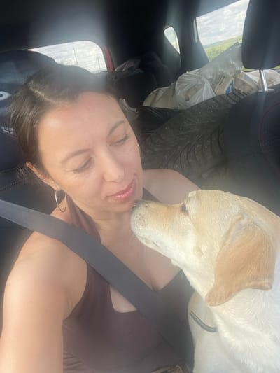 This media file captures a woman and a light-colored dog in a car, likely during daylight hours given the brightness. The woman is lying down, with her eyes closed and her head tilted back, her lips slightly parted as if receiving a gentle nuzzle from the dog. She is wearing a dark brown top and a large silver hoop earring. A grey seatbelt is visible across her chest.
The dog, a Labrador or similar breed, is leaning in towards the woman, with its head close to her face. Its eyes are not clearly visible, but its posture suggests affection or playfulness.
The background of the car interior is visible, including car seats and what appears to be luggage or other items piled in the back. The view outside the car window shows a bright, possibly overcast sky and a green landscape, suggesting a rural or suburban setting.
The overall mood of the image is one of warmth and intimacy between the woman and her pet. The lighting creates a soft, slightly hazy effect. There is no visible text in the image.