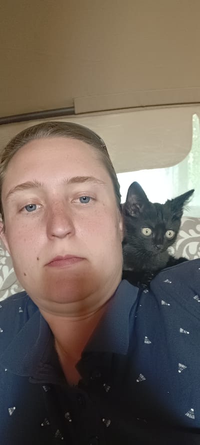 An extreme close-up selfie shows a person's face with a black kitten perched on their shoulder. The person's face is in the foreground, with blue eyes and light skin with freckles. The kitten's face is visible to the right of the person's head, with wide green eyes and black fur. The person is wearing a dark blue polo shirt with a subtle white pattern. The background appears to be an interior, possibly a car or room, with neutral-colored upholstery and a window. The image is taken from a slightly upward angle. There is no discernible location in the city of Ivanovskaya, Russia mentioned.