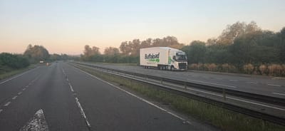 An eye-level, wide shot captures a white semi-truck with the logo "Buffaload" traveling on a multi-lane highway at dawn. The truck is positioned in the right lane, heading towards the right of the frame. The sky displays a gradient of pale pink to light blue, indicating early morning. The road is asphalt, with clear lane markings and a metal guardrail separating the lanes from the grassy shoulder. Dense foliage lines the right side of the highway, with scattered trees and some dry grass. In the distance on the left side of the road, a faint white sign and a yellow post are visible. A car is also present on the left side of the highway, further ahead of the truck. The general atmosphere is serene and quiet, characteristic of an early morning on a highway. The location is identified as Higham Ferrers, United Kingdom.