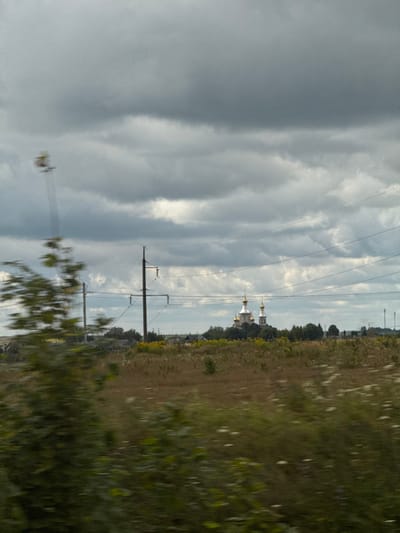 The image depicts a rural or semi-urban landscape under a heavily overcast sky, characterized by layered grey clouds. The foreground on the left features blurred green foliage, indicative of a photograph taken from a moving perspective. Extending across the mid-ground are several dark utility poles supporting multiple overhead power lines. The terrain consists of dry, light brown and yellow fields with scattered green vegetation and white wildflowers. In the distance, a cluster of trees partially obscures a settlement with visible rooftops. Central to the background is an Orthodox church, characterized by its silver-hued body and multiple golden onion domes, each topped with a cross. No individuals or active interactions are discernible. The scene is located in Ponebel, Ukraine.