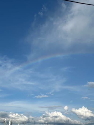 The image captures a vibrant blue sky filled with varied cloud formations and a subtle atmospheric optical phenomenon. The sky dominates the frame, showcasing shades of blue that transition from a deeper hue at the bottom to a lighter tone towards the top and center.
A faint, ethereal arc of color, resembling a rainbow or a sun halo, is visible on the left side of the image, presenting subtle pinkish, greenish, and bluish hues against the clear sky. Different types of clouds are scattered across the scene: delicate, wispy cirrus-like clouds streak across the left and central parts, while a denser accumulation of bright white, cumulus-like clouds with some grey undersides occupies the right side of the frame.
On the far left edge, a thin, dark vertical line, likely a power line or antenna, extends from top to bottom, partially obscured by the wispy clouds. Along the far right edge, a cluster of grey structures, appearing to be communication towers or industrial antennas, is partially visible, rising from behind the denser clouds.
The scene depicts daytime conditions, characterized by a clear to partly cloudy sky and the presence of this celestial light phenomenon. The blend of natural atmospheric elements with visible human infrastructure on the horizon suggests a location outside a dense urban center but still within reach of developed areas, aligning with the provided location context of Gara Elin Pelin, Bulgaria. No text is visible in the image.