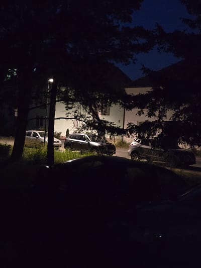 This image depicts a nighttime street scene in Kostelec na Hané, Czechia. The foreground is dominated by the dark silhouettes of trees and foliage, obscuring a significant portion of the lower half of the frame. Behind the trees, a street is visible with several parked cars. To the left, a light-colored compact car is parked on the grass verge, followed by a darker compact car and then a silver SUV. Further down the street, another dark-colored vehicle is visible. The background features the side of a building with illuminated windows, suggesting an urban or semi-urban residential area. A street lamp with a lit bulb is positioned to the left of center. The sky above is a deep blue, indicating it is nighttime. The overall impression is one of a quiet, residential street at night, with limited ambient light and significant shadows cast by the trees.