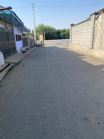 The image depicts a street scene in Боғистон, Tajikistan. A paved road occupies the foreground, with a drainage ditch running along the left side. To the left, a building with a blue awning and dark gates is visible. Further down the street, a small bus stop shelter with a golden frame stands. On the right side of the road, a brick wall borders the scene. Trees and a utility pole are present in the background. The sky is clear and blue. Two figures are standing near the bus stop shelter.