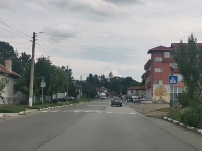 This image presents a street scene in Mirovo, Bulgaria, captured on an overcast day. The view looks down a paved asphalt road, which features several white markings, including pedestrian crossing stripes in the foreground and mid-ground. The road appears to be a main thoroughfare through a residential area.

Several vehicles are visible. A dark sedan is centrally placed, moving away from the viewer. Further down the road, another dark car is parked on the left, near a white house. On the right, a white car and possibly a van are parked, with some indistinct figures or objects nearby. A white truck is also seen further in the distance on the road.

On the left side of the street, there's an older, light-colored house with a red-tiled roof and a chimney, nestled among green trees and grass. A prominent utility pole with numerous power lines and a street light stands tall near the house. The curb along this side is painted in alternating black and white sections.

The right side of the street features a larger, multi-story building with reddish-brown walls and a red-tiled roof. A striking mural depicting a golden tree with a figure seated beneath it, surrounded by items, adorns the ground floor of this building. A blue square sign, clearly indicating a pedestrian crossing with a white symbol of a person walking, is visible in front of the building. Various trees and dense foliage line both sides of the street and extend into the background, hinting at a green environment.

The sky is heavily clouded, suggesting an overcast day, and the lighting is diffused. The scene depicts a calm, typical daytime environment in a Bulgarian village or small town. Aside from the symbolic pedestrian crossing sign, no explicit text is visible.