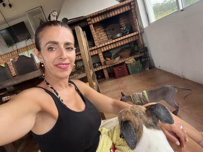 A woman is taking a selfie in an outdoor patio area. She is wearing a black tank top and a yellow skirt. She has her arm around a brown and white dog, and another grey dog is visible in the background. A brick barbecue grill is behind the woman, with various kitchen items and storage bins. A television is mounted on the wall to the left. The patio appears to be attached to a house with a large window looking out onto a green landscape.