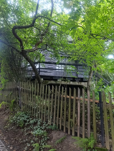 This media file depicts a dark-colored wooden house or cabin elevated on stilts, seen from a slightly low angle. The structure is partially obscured by lush green foliage and branches from trees, suggesting it is situated within a wooded area. A weathered, vertical wooden picket fence runs along the foreground, separating the viewer's vantage point from the property.
The house features dark siding and multiple windows with a grid-like pattern. A dark-railed balcony or porch extends from the front of the house, with stairs leading down to the side. The surrounding environment is dense with greenery, with sunlight filtering through the leaves, creating dappled lighting. The time of day appears to be daytime, likely late morning or afternoon, given the bright light. The weather seems pleasant, as evidenced by the vibrant foliage.
The scene conveys a sense of seclusion and natural integration. The wooden fence and the rustic appearance of the house suggest a rural or semi-rural setting. The overall mood is tranquil and serene, emphasizing the connection with nature. No people are visible in the image, and there is no visible text. The location is identified as Myślenice, Poland.