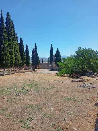 The image depicts an outdoor scene under a clear blue sky. In the foreground, a dry, grassy field with scattered stones and some sparse green vegetation occupies the majority of the frame. In the mid-ground, a row of tall, slender cypress trees stands to the left, their dark green foliage contrasting with the arid landscape. Behind the trees, a stone wall runs horizontally, with visible ruins and what appears to be a stone structure with a cross on top. Two individuals, one wearing a red shirt and the other a dark shirt, are walking away from the camera towards the stone wall. Further in the background, a cityscape with buildings and distant hills under a hazy sky is visible. The overall impression is of an ancient or historical site in a Mediterranean climate during a sunny day. The location is identified as the Municipal Unit of Anthidon, Greece.