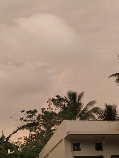 This image captures an outdoor scene in Panton, Indonesia, under an overcast sky displaying soft, pale orange-beige hues, indicative of either dawn or dusk. The upper two-thirds of the frame are dominated by clouds with subtle variations in tone. A faint, partial atmospheric optical phenomenon, possibly a rainbow segment, is visible within the cloud cover above the horizon in the upper-left quadrant.
In the midground, a prominent, tall lattice-style cellular communication tower, equipped with multiple antenna arrays, stands on the left, partially obscured by dense green foliage. Numerous tropical trees are present, including several large palm trees with dark green fronds that extend into the sky, primarily on the right side and above a building. Other deciduous trees with smaller green leaves are interspersed. A large-leafed plant, likely a banana plant, is visible in the lower-left corner.
The lower right quarter of the image features the upper section of a light-colored, possibly cream or off-white, multi-story building with a flat roofline and a slight overhang. The visible facade includes at least two dark-framed, square openings, consistent with windows or vents. No individuals or active interactions are depicted within the scene.