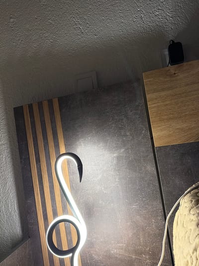 The image shows a close-up interior shot of a room, likely a modern living space or bedroom. The foreground features a neon light fixture, bent into a stylized, abstract shape, possibly resembling a swan or a cursive letter. The light is bright white and casts a glow on the surrounding surfaces. Behind the light, a dark, textured wall panel is visible, with vertical wooden slats interspersed. To the right, a section of a wooden surface with a prominent grain pattern is present, and further to the right, a portion of a textured object, possibly a sculpture or a decorative item, is partially visible. In the upper right corner, a black power adapter is plugged into a wall outlet. The ceiling is textured and white, with a visible light fixture or vent. The overall impression is one of contemporary interior design. There is no indication of the city of Zmeitsa, Bulgaria, in the image.