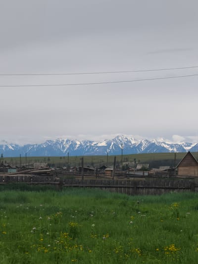 This is a landscape photograph taken in the city of Argada, Russia. The image depicts a rural village with snow-capped mountains in the background. In the foreground, a wooden fence encloses a field of green grass dotted with small yellow and purple wildflowers. Behind the fence, several rustic wooden houses are visible, some with visible wooden structures. To the left, a pile of logs is stacked. In the far distance, a range of mountains with snow-covered peaks stretches across the horizon under a cloudy sky. Power lines are visible in the upper portion of the frame.
