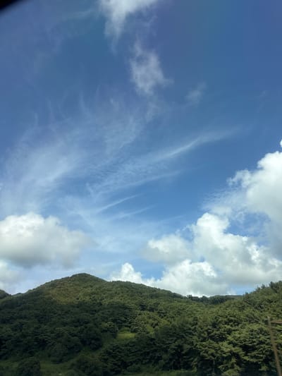 The image depicts a scenic landscape view from Daesa-ri, South Korea. The foreground is dominated by lush, green, densely forested hills, suggesting a mountainous or hilly terrain. The trees are varied in height and density, creating a textured surface on the slopes. The lighting suggests it is daytime, with some areas of shadow and some brightly lit patches on the hills, indicating the sun's position.

Above the hills, a vast expanse of blue sky is visible. Scattered across the sky are numerous clouds. Some are large, puffy cumulus clouds, white and bright, suggesting fair weather. Interspersed with these are thinner, wispy cirrus clouds, streaking across the sky in delicate patterns. These clouds indicate a dynamic atmospheric condition, possibly with high-altitude winds. The overall impression is one of natural beauty and a serene, outdoor environment.