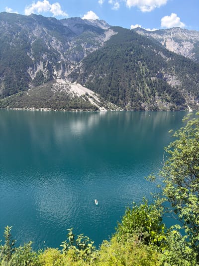 A vertical, high-angle shot captures the vast, turquoise waters of Lake Achensee in Pertisau, Austria, under a bright, partly cloudy sky. The expansive lake dominates the lower two-thirds of the frame, its surface rippling with gentle waves that reflect the sky. In the distance, a tiny, white stand-up paddleboard with two figures can be seen navigating the water, positioned slightly to the left of the frame's center.
The background is dominated by imposing, steep mountains that rise dramatically from the lake's edge. These mountains are a mix of rugged, rocky slopes and dense, dark green pine forests, with lighter colored scree slopes interspersed throughout. The highest peaks are sharply defined against the sky, with some appearing snow-capped.
The foreground features lush, vibrant green foliage, with trees and shrubs obscuring the lower edge of the frame and extending up the right side of the image. The overall impression is of a serene, natural landscape on a sunny day.