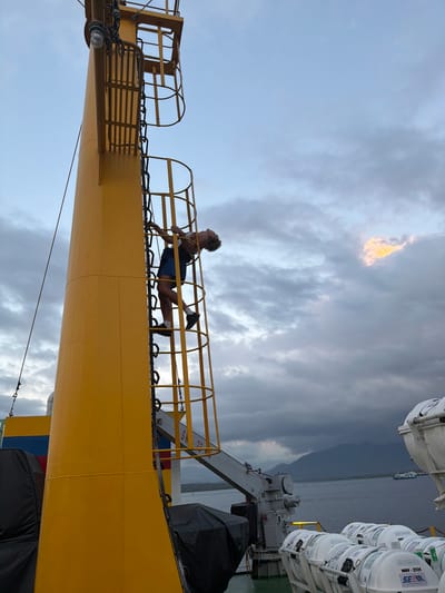 The image shows a person climbing a yellow ladder on the side of a ship. The person, dressed in shorts and a t-shirt, is reaching up to grab the next rung. The ship appears to be docked or at sea, with a body of water and mountains visible in the background. The sky is cloudy with some areas of sunlight breaking through. Lifeboats are visible on the deck of the ship. The location is identified as Melaya, Indonesia, suggesting the ship may be in a port or harbor in that region.