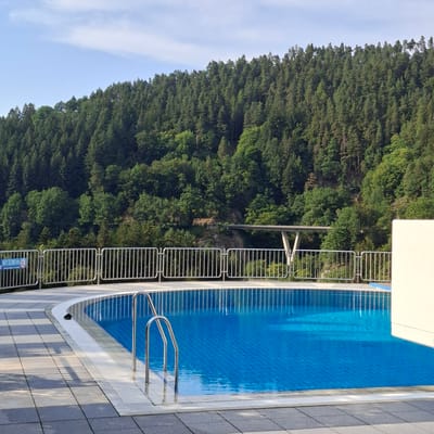 A clear, sunny day provides bright illumination for an outdoor swimming pool in Forbach, Germany. The pool is filled with brilliant blue water and features a tiled bottom. A set of chrome stairs provides access to the water. The pool area is surrounded by a silver metal fence, and the ground is paved with light gray and dark gray tiles. In the background, a dense forest covers a hillside, and a concrete bridge spans across a valley. A white building or structure is visible to the right of the pool. There are no people in the image. A sign with German text is attached to the fence on the left side of the pool.