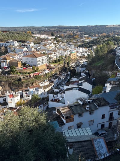 This elevated panoramic image captures the town of Setenil de las Bodegas, Spain, under a clear blue sky. The scene depicts a densely built residential area nestled within a natural river gorge, characterized by its unique architecture where many white-washed buildings are integrated directly into the rock face or beneath rock overhangs.
In the background, rolling hills covered with extensive olive groves and sparse vegetation extend to the horizon. The midground shows the majority of the town, featuring numerous multi-story buildings with white facades and a mix of terracotta and darker grey-tiled roofs.
On the left side of the valley, a historic-appearing stone structure with a rectangular tower stands adjacent to a larger, multi-story white building. Below these, an outdoor area with several red awnings is visible on a terraced section. The winding main thoroughfare of the town is discernible within the deeper sections of the gorge, lined on both sides by houses.
Rooftops across the town display common fixtures such as satellite dishes and cylindrical solar water heaters. In the lower right quadrant, a silver passenger car is parked next to a building. Green foliage, including olive trees, partially frames the foreground, obscuring some lower buildings. Strong, direct sunlight illuminates the scene, casting distinct shadows on the left and lower portions of structures. No individuals are clearly identifiable within the frame.