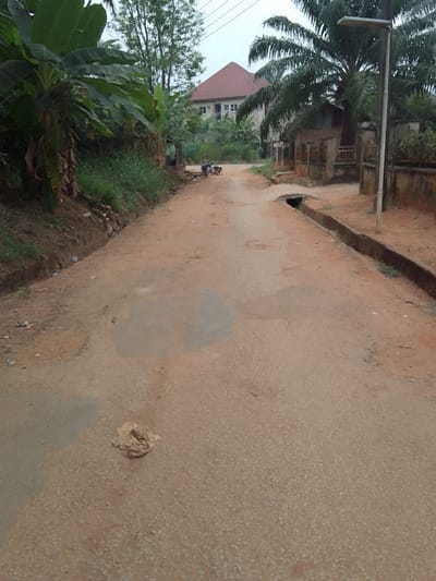 A dirt road stretches into the distance, lined with trees and buildings. A red-roofed house peeks through the greenery. A small, uncovered storm drain runs alongside the road. Patches of dark, damp dirt mark the road's surface, with a clump of debris near the bottom. Two motorcycles sit parked along the roadside. A modern street lamp stands near a palm tree on the right. Vegetation grows densely on the left side of the road.