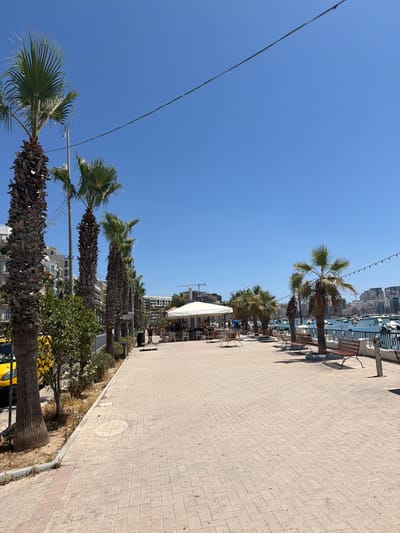 The image shows a sun-drenched promenade in Gżira, Malta, under a clear blue sky. The scene is oriented vertically, with the ground occupying the right side of the frame and the sky the left. A paved walkway, made of light-colored rectangular bricks, runs diagonally from the bottom right towards the top left. Lining the walkway on the left side are several palm trees, their trunks rough and textured, with green fronds reaching towards the sky.
Beyond the palm trees, a body of water is visible, with numerous boats moored. In the background, a city skyline with tall buildings rises. On the right side of the walkway, several wooden benches with metal frames are placed, some with people sitting on them. Further along the promenade, there are outdoor seating areas with tables and chairs, suggesting a cafe or restaurant. One large white umbrella is prominent in this area.
The lighting indicates it is daytime, likely late morning or early afternoon, given the strong sunlight and the shadows cast by the benches and trees. The weather appears to be warm and clear. A thin black wire stretches diagonally across the sky from the left edge of the frame towards the center. In the lower part of the image, the top of a yellow vehicle is visible. The overall mood is relaxed and leisurely, capturing a typical day on a Mediterranean promenade.