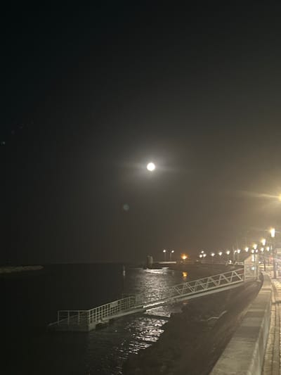 The image captures a nighttime scene along the waterfront in Lagos, Portugal. A full moon is visible in the dark sky, casting a soft glow. A pier or pontoon with a white railing extends into the dark water, which reflects the moonlight and distant lights. Along the right side of the frame, a promenade or walkway is lined with streetlights, illuminating the paved surface. The overall atmosphere is serene and tranquil, with the moon and lights creating a gentle ambiance.