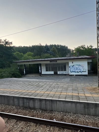 This media file depicts a rural train station building with graffiti. The building is white with a covered waiting area and large windows. The graffiti on the wall appears to be abstract lettering. The station name, "сп. ЛУКОВО," is visible above the windows, indicating the location as Lukovo, Bulgaria.
The scene is set outdoors, with lush green trees and foliage visible behind the station building, suggesting a natural, possibly forested, environment. The foreground shows a paved train platform with textured tiles, including yellow tactile paving for the visually impaired, and adjacent railway tracks. The sky is bright and appears to be daytime, likely late afternoon or early morning given the soft light. The weather seems clear.
There are no people visible in the media file. The overall mood is quiet and somewhat neglected, with the graffiti adding a touch of urban decay to the otherwise natural setting. The image is taken from a slightly elevated perspective, possibly from a train or a nearby embankment. The focus is on the station building and its immediate surroundings.