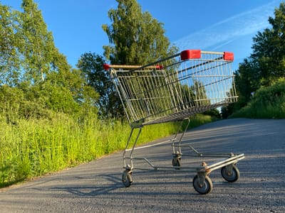 A solitary, empty metal shopping cart with red plastic handles sits on an asphalt road. The cart is angled, appearing to be either going uphill or downhill, with its front wheels closer to the viewer. The road is bordered by lush, tall green grass on the left and a dense line of trees on the right. The sky is clear blue with wispy white clouds. The scene appears to be set in a rural or suburban area outside of the city of Gostitsy, Russia, given the natural surroundings.