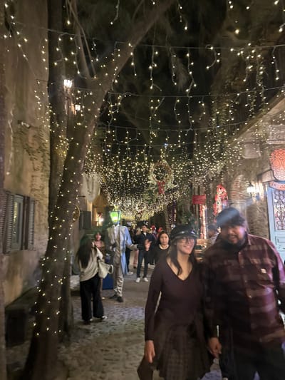 The image displays a nighttime scene on a narrow pedestrian street in Santa Cruz Aquiahuac, Mexico. The environment is extensively decorated with warm white string lights, forming a dense canopy overhead and wrapped around the trunks of large trees lining the left side of the path.
In the foreground, two individuals are walking towards the camera. On the left, a female with dark hair, glasses, and a dark cap wears a dark long-sleeved top and a dark, possibly plaid or pleated, skirt. On the right, a male with dark hair and a beard wears a dark red and black plaid button-up shirt with a light patch on the left chest.
In the midground, a person dressed in a light blue or silver full-body costume with an illuminated, green-yellow head resembling a robot or character stands on the left side of the cobblestone-like pathway. Several other indistinct figures are visible further down the illuminated street.
On the left, a building with dark-shuttered windows is partially visible behind a light-wrapped tree trunk, which also has a bench attached. On the right, a building facade features an arched entrance and a prominent red and white sugar skull decoration. Multiple circular wreaths with red bows are suspended from the overhead string lights.