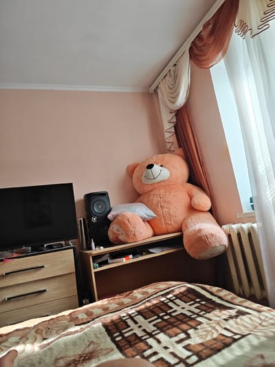 The image depicts an indoor scene, likely a bedroom, with a large, peach-colored teddy bear as the central subject. The bear is positioned on a shelf or desk, leaning against a wall. To the left of the bear, a black television screen is visible on a wooden dresser with three drawers. A black speaker sits on the same shelf as the bear, next to a pillow. To the right of the bear, a window is covered by sheer white curtains and draped brown fabric. A white radiator is visible beneath the window. The foreground is dominated by a bed with a patterned blanket featuring brown and beige geometric designs. The walls are painted a light peach color, and the ceiling is white. The lighting suggests it is daytime, with natural light coming from the window. The scene does not provide any specific visual cues to place it in Вишенское сельское поселение, Ukraine.