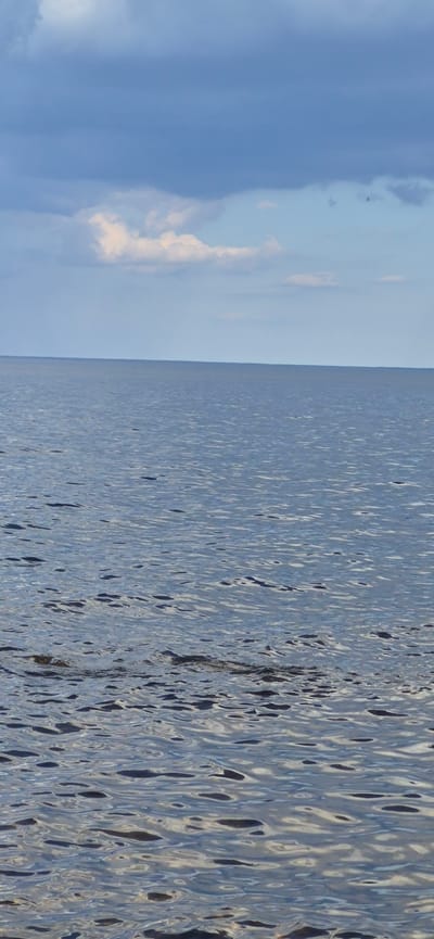 The image depicts a calm body of water under a cloudy sky. The water is a deep blue-grey, with subtle ripples reflecting the light. The horizon line is sharp and distinct, separating the water from the sky. The sky is a mix of dark grey clouds in the upper portion and lighter, softer clouds in the lower portion, with patches of pale blue visible. The scene appears to be a natural landscape, possibly a lake or the sea, located in the vicinity of Motornoe, Russia, a place known for its natural scenery. There are no people or specific objects visible that would indicate human activity, focusing the view on the natural elements of water and sky.