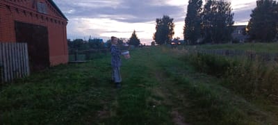 An image taken in Novokabanovo, Russia, captures a rural twilight scene. In the foreground, a person stands on a grassy area, holding a bucket. To the left, a brick building with a dark garage door is visible. The background features trees, houses, and a cloudy sky with hints of sunset colors. The overall atmosphere is serene and quiet.