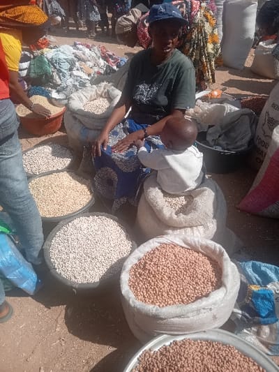 The scene depicts an outdoor market stall in Gurku Gwari, Nigeria, under bright daylight with visible shadows on the dirt ground. An adult female, positioned centrally, is seated on the ground, facing the viewer. She wears a dark green t-shirt, a blue patterned skirt, and a blue baseball cap. Her right hand rests on her lap, while her left hand is near an infant seated in front of her, with its back to the viewer. The infant wears a white striped long-sleeved top and is reaching towards the woman.
Numerous quantities of various grains and legumes are displayed around the woman. These include:
* A large white sack filled with light-colored grains (possibly beans) directly behind the infant.
* A black basin containing white grains (likely beans) to the left of the infant.
* Another black basin with light yellow grains (potentially millet or sorghum) further to the left.
* A white sack filled with reddish-brown peanuts to the right of the infant.
* A silver metal basin in the immediate foreground also containing reddish-brown peanuts.
* A red basin containing light yellow grains is visible on the far left, being touched by the hand of a partially visible individual wearing blue jeans and a yellow shirt.
Behind the seated woman, piles of assorted textiles or clothing are arranged on the ground. Several large white sacks, some filled with various goods, are visible in the background, with text on one sack partially legible as "FOOD GRAIN". Multiple blurry figures are discernible in the distant background, indicating a busy market environment.
