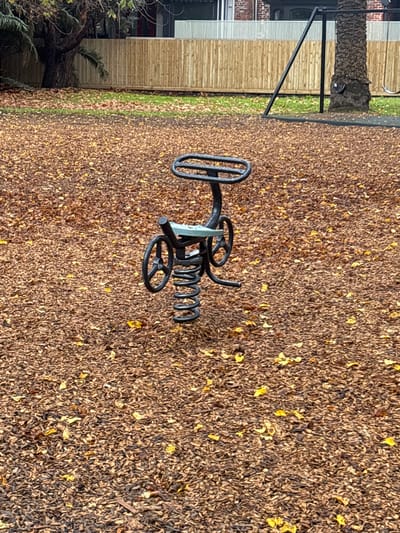 This image shows a close-up of a black spring rider toy, resembling a small vehicle with a steering wheel and two wheels, set on a surface covered in fallen brown and yellow leaves. The toy is centrally positioned, with its spring base partially visible. In the background, a light-colored wooden fence runs horizontally across the scene, with patches of green grass visible behind it. To the left, a portion of a large tree trunk and palm fronds can be seen. To the right, a palm tree trunk and part of a swing set structure are present. The overall environment suggests an outdoor public space, possibly a park or playground in Brunswick East, Australia, likely during autumn due to the fallen leaves.