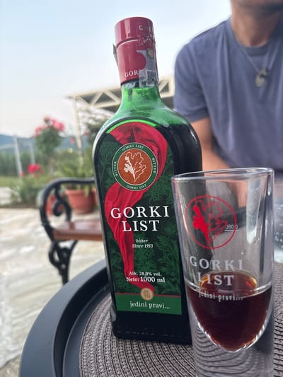 In Vrnjačka Banja, Serbia, on a table outdoors, a bottle of Gorki List bitter liqueur stands next to a shot glass filled with the same dark amber liquid. The bottle has a green glass body with a red label featuring botanical illustrations and the brand name prominently displayed. The shot glass, also bearing the Gorki List logo, reflects the bottle. In the background, a blurred scene of foliage, a bench, and a partially visible person in a blue t-shirt suggests a relaxed, possibly outdoor seating area. The sky above is overcast.