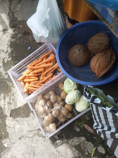 The scene depicts an outdoor ground-level display of fresh produce in the city of Naung Bo Oe, Myanmar. The ground surface is rough, grey concrete with darker, possibly wet, patches and scattered debris including small leaves and a blue wrapper.

In the foreground and mid-ground, various items are arranged on the ground:
- A rectangular white plastic crate on the left contains a large quantity of unpeeled orange carrots.
- Adjacent and slightly below this crate is another identical white plastic crate holding a mix of potatoes and cabbage. Many potatoes are individually wrapped in clear plastic bags. Three heads of light green cabbage are visible among the unwrapped potatoes.
- To the right, a round blue plastic perforated basket contains four brown coconuts.
- Next to the potato and cabbage crate, on the far right, a black and white striped bag, possibly made of woven material, stands upright with green leaves visible protruding from its opening.

In the upper-right background, the lower portion of a person is visible, wearing light-colored footwear and a rust-orange or mustard-yellow garment, likely a skirt or trousers. A white plastic bag, possibly empty, is also visible on the ground behind the produce. No explicit actions or interactions are observed.