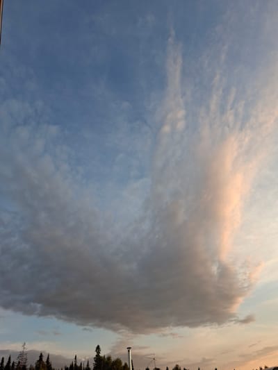 The image shows a wide expanse of sky above a treeline in Pervouralsk, Russia. The sky is filled with clouds of varying densities and colors. Towards the right, a large cloud formation catches the soft light of what appears to be a sunset or sunrise, casting a warm, peachy glow. To the left and center, the clouds are a darker grey, suggesting they may be denser or further from the light source. The sky transitions from a pale blue at the top to warmer, softer tones closer to the horizon.

Below the sky, a silhouetted treeline is visible, consisting of dark, coniferous trees. In the lower portion of the image, on the right side, a tall, metallic structure, possibly a chimney or industrial pipe, stands out against the trees. To the left of this structure, a wind turbine is faintly visible. The overall impression is a natural landscape scene with elements of human presence.