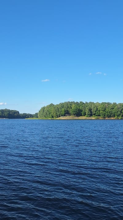 The image captures a serene lake scene with a clear blue sky overhead. The foreground is dominated by the deep blue water of the lake, which is slightly rippled, indicating a gentle breeze. In the mid-ground, a lush green tree line forms a dense forest that stretches across the horizon. There are no people visible in the image. The environment appears to be natural and undeveloped, typical of a lakeside area. The location is identified as being in the city of Sece, Latvia, suggesting a rural or park-like setting within that city.