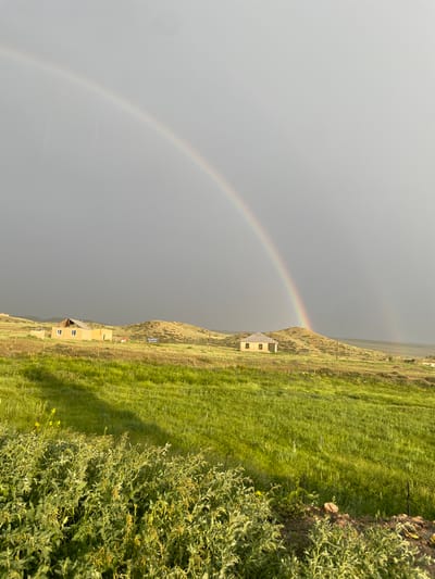 This image depicts a rural landscape in Kara-Oi, Kyrgyzstan, under a dramatic sky. A prominent rainbow arches across the frame, suggesting recent or ongoing rain. The scene is divided between a dark, overcast sky on the left and a sunlit, grassy hillside on the right. The hillside is dotted with a few small, light-colored buildings, some appearing to be under construction with visible roof framing. Dense green vegetation, including bushes and tall grass, covers the foreground and slopes upwards. The time of day is likely afternoon, given the bright sunlight on the hill and the presence of a rainbow. The overall mood is serene yet somewhat somber due to the stormy sky. No people are visible in the image.