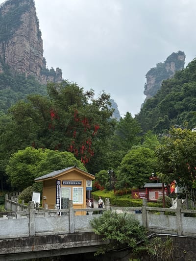The image shows a landscape in Zhonghu, China, with distinctive mountain formations in the background under a cloudy sky. Lush greenery covers much of the area, with trees in the foreground adorned with red ribbons. A small, beige building with white-framed windows and signage stands to the right, labeled as the Yangjiajie Cableway Lower Station of the Zhonghu Police Station, part of the Zhangjiajie Public Security Platform. Adjacent to the building is a stone walkway or platform. Two people are seated inside the building. Signs in Chinese indicate an accessible path and a parking area for environmental vehicles. The overall impression is of a natural environment combined with tourist facilities.