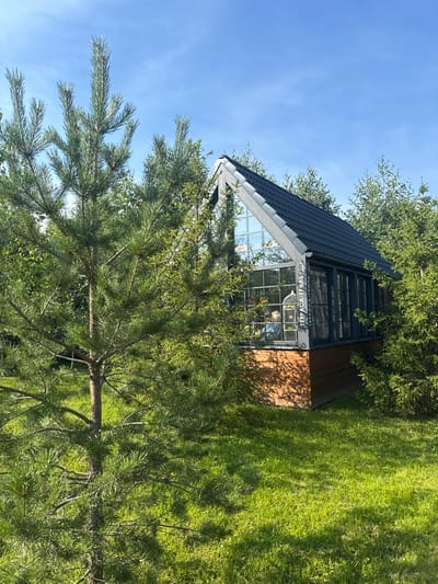 The image captures a modern, angular greenhouse or conservatory structure situated in an outdoor, natural environment, likely in Verkhnee Myachkovo, Russia. The building features a dark, sloped roof and a significant amount of glass on its facade, allowing views into the interior. The lower portion of the structure is clad in wood.
In the foreground, a mature pine tree with dense green needles partially obscures the view of the building. The ground surrounding the structure is covered in lush green grass, with visible shadows cast by the trees. In the background, a clear blue sky with a few wispy clouds is visible above a line of trees, some of which appear to be birch with their distinctive white bark.
Inside the greenhouse, a person can be seen sitting on a stool, facing away from the viewer. A decorative birdcage is also visible within the structure. The text "TERRASA-GRILL" is printed vertically on the side of the building. The overall impression is one of a contemporary structure integrated into a natural landscape.