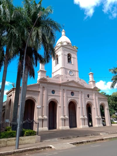 The image depicts the Cathedral of Villarrica, located in Villarrica, Paraguay. The cathedral is a light pink building with a classical facade featuring arched entrances, a clock tower, and a dome. Several tall palm trees frame the building on the left side of the frame. A lamppost is also visible on the left. The sky is bright blue with some scattered clouds. The street in front of the cathedral is visible, along with a sidewalk and some greenery. A metal fence runs along the edge of the property.