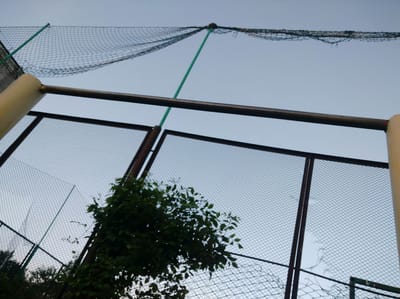 The image shows a chain-link fence against a pale sky. A thick horizontal metal bar extends across the frame, supported by a thick, light-colored pole on the left. A dark metal support pole is visible behind the chain-link fence. Green foliage is growing on the right side of the frame, obscuring part of the fence. A dark netting stretches across the top of the image, supported by a thin green pole. The scene appears to be outdoors, possibly in an urban or park area, with no people visible. The overall impression is one of an outdoor enclosure or boundary.
