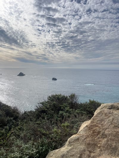 The image depicts a coastal scene with a striking juxtaposition of elements. A cloudy sky occupies the left, meeting a serene body of water where rocks protrude. The foreground features a rocky cliff covered in greenery, contrasting the sky. The water has a slightly shimmering surface, reflecting sunlight.