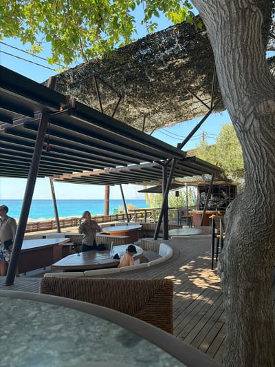 The image shows an outdoor seating area of a restaurant or cafe situated in the Municipal Unit of Sfakiates, Greece. The scene is characterized by a wooden deck with several tables and benches, some of which are circular and U-shaped. A portion of the seating area is covered by a dark, slatted roof supported by metal poles, with a camouflage-like netting above it. Lush green leaves from overhead trees create dappled shadows on the deck.

In the background, the vibrant blue sea is visible, with a clear sky above. A sandy beach with rows of sunbeds and umbrellas can be seen along the coastline. A small boat is present on the water.

There are a few people in the image. On the left, a man in a hat and patterned shorts is partially visible, facing away from the camera. In the center, a woman in a tan shirt is standing near a table, appearing to adjust her hair. To her right, a child in an orange shirt is seated at a table, facing away.

Objects present include tables, benches, chairs, a bottle of water on a table, and what appears to be a DJ booth or stage area with equipment in the far right background. A large tree with rough bark stands prominently on the right side of the frame, obscuring part of the view. The overall atmosphere suggests a relaxed, seaside dining or lounging experience.