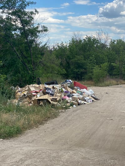 A large pile of refuse, primarily cardboard boxes, is situated on a dirt road in a semi-natural environment with trees and tall grass. The trash includes a red object, possibly a piece of furniture or a large tarp, along with various plastic bags and other debris. The scene appears to be an unofficial dumping ground, with the refuse forming a significant mound. The sky is partly cloudy, with a mix of blue sky and white clouds. The surrounding vegetation is dense with trees and tall, dry grass. The overall impression is one of neglect and unsanitary conditions.