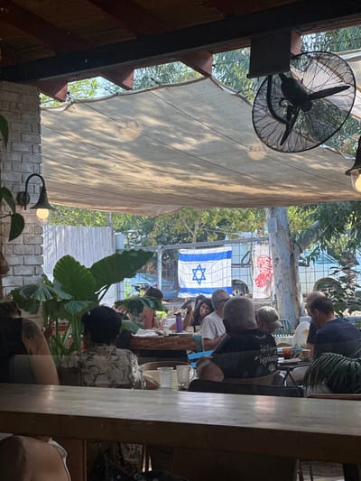 The image depicts an outdoor or semi-outdoor dining area in Kfar Monash, Israel, under a large beige fabric shade canopy supported by wooden beams. In the immediate foreground, a wooden table surface runs horizontally across the bottom of the frame.

The midground features several individuals seated at wooden tables. On the left, a person with visible arm tattoos is partially visible. Further right, a person with dark hair styled in buns is seated with their back to the viewer, wearing a floral or patterned top. Another person, wearing a dark t-shirt with white text that includes "Inspiration," is seated with their back to the camera, facing a table with food items. Other diners, including several adult males and one adult female with dark hair smiling towards the left, are partially visible in various interactions around the tables, appearing to be eating or conversing. A large leafy green plant, possibly a taro, stands prominently on a table or raised surface near a light-colored brick pillar on the left. A wall-mounted black sconce with an illuminated bulb is attached to this pillar. Above the dining area, a large black industrial-style fan is mounted, and light patterns from the sun filter through the canopy.

In the background, beyond the dining area, a large Israeli flag, white with two blue stripes and a blue Star of David, is prominently displayed, likely hanging from a chain-link fence or structure. To the right of the Israeli flag, another banner with red and white patterns is visible. Trees and dense foliage are present further back, with hints of a light-colored vehicle visible behind the fence and trees. A light-colored wooden or bamboo-style fence is also visible behind the brick pillar. The scene is illuminated by bright daylight, casting distinct shadows.