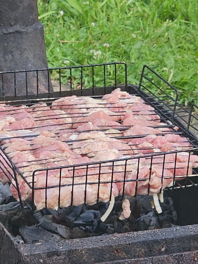 A close-up, eye-level shot shows thinly sliced raw meat, likely chicken, arranged on a black metal grill rack over hot charcoal in a barbecue pit. The meat is seasoned with specks of pepper and appears to be marinating. Some pieces are skewered with what seem to be pieces of onion or garlic. The barbecue pit is made of dark, rough material, possibly brick or metal, and is filled with glowing charcoal. In the background, lush green grass with small white flowers grows, and a dark, weathered cylindrical object, possibly part of a chimney or structure, is visible on the left. The scene suggests an outdoor cooking activity in a natural setting, potentially a garden or park area.