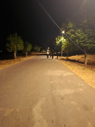 This image depicts a nighttime scene on a paved road or path in Rafin Pa, Nigeria. The dark sky indicates the time of day. Four individuals are observed walking away from the camera in the midground, moving along the center of the path. One person, positioned closest to the left side of the path, wears a light-colored top, while the others are dressed in darker clothing, their specific features obscured by distance and low light.
The path, appearing to be asphalt or a similar dark pavement material, extends from the foreground into the background, showing signs of wear and minor discoloration. Streetlights illuminate the scene; a prominent streetlight with a circular luminaire is visible on the right side of the path, approximately midway into the frame, casting a bright glow on the surrounding area. Other less distinct lights are visible further down the path.
Trees with green foliage line both sides of the path. On the left, several smaller trees are present, while on the right, larger, denser trees are illuminated by the streetlights. The ground bordering the path consists of dry earth or sparse vegetation, rendered in shades of brown and yellow by the artificial light. A distinct diagonal light streak or lens flare extends from the upper left corner of the frame towards the center-right, likely originating from a strong light source.