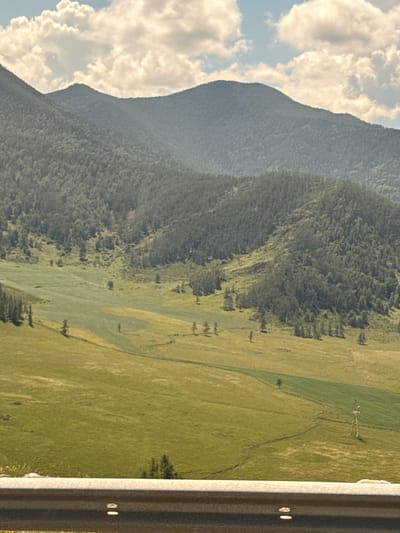 The image depicts a vast mountainous landscape under a cloudy sky. In the foreground, a metal guardrail runs horizontally across the bottom of the frame. Beyond the guardrail, rolling hills covered in green grass and scattered trees dominate the scene. Further in the distance, a dense forest blankets the slopes of larger mountains, which fade into a hazy blue in the background. The sky is filled with large, white, fluffy clouds. There are no people or animals visible in the image. The scene appears to be a rural, natural environment. The image does not provide any specific details or landmarks that would identify it as being located in Khabarovka, Russia.