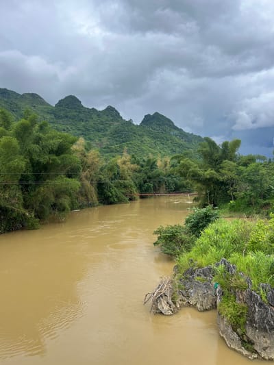 A murky, brown river flows through a lush green landscape, with steep, verdant mountains rising in the background under a cloudy, overcast sky. The riverbank on the right is lined with thick green grass and sharp, gray rocks. Bamboo trees and other dense foliage dominate the middle ground, with a narrow, red suspension bridge visible in the distance, spanning the river. The overall impression is one of a remote, natural setting, possibly during or after rainfall, given the color of the water and the heavy clouds. This scene is located in Lùng Tám Commune, Vietnam.